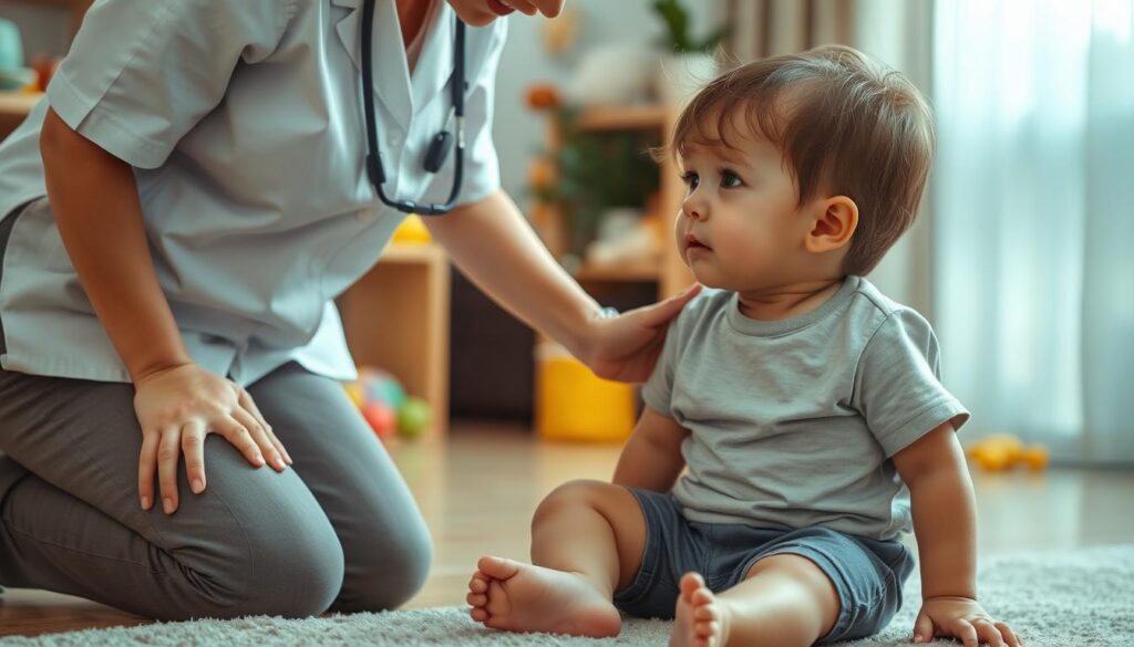 Cuidador ofrece apoyo a un niño durante un momento de angustia Cuidador ofrece apoyo a un niño durante un momento de angustia
