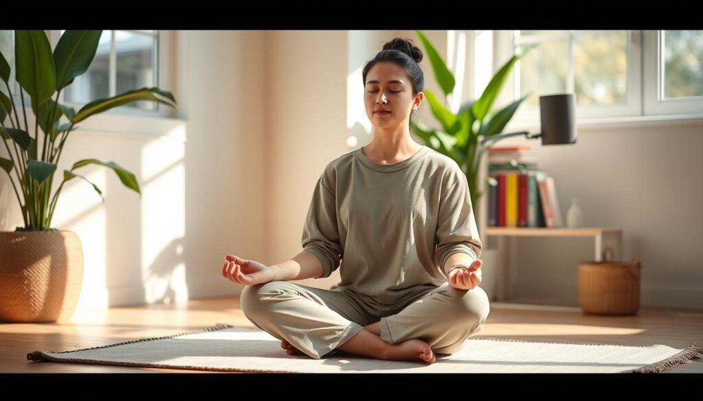 Persona practica respiración lenta antes de una tarea cotidiana Persona practica respiración lenta antes de una tarea cotidiana