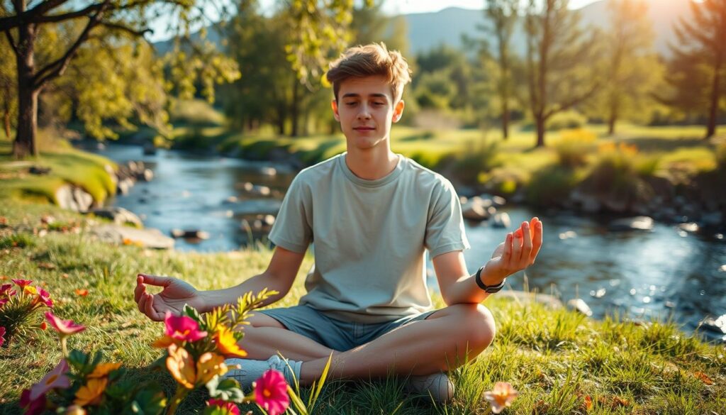 Persona que usa ejercicios sensoriales para volver al momento presente Persona que usa ejercicios sensoriales para volver al momento presente