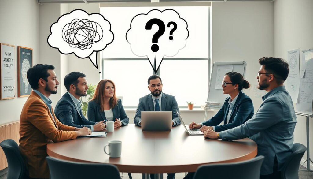 Reunión de trabajo muestra pensamientos temidos y respuestas posibles Reunión de trabajo muestra pensamientos temidos y respuestas posibles