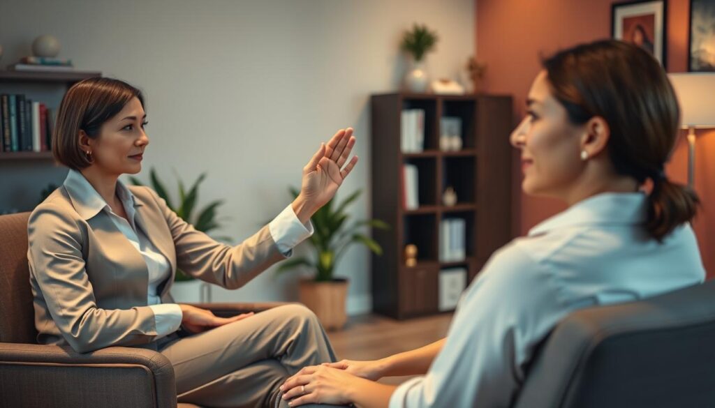 Terapeuta guía movimientos oculares mientras la persona recuerda una experiencia Terapeuta guía movimientos oculares mientras la persona recuerda una experiencia