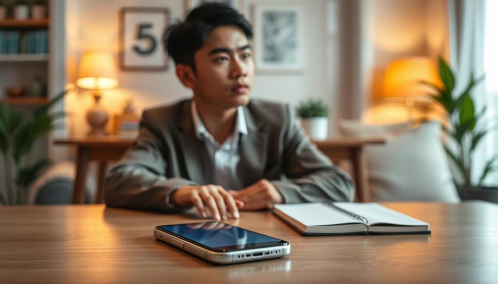 Una persona deja el teléfono para observar sus hábitos digitales Una persona deja el teléfono para observar sus hábitos digitales